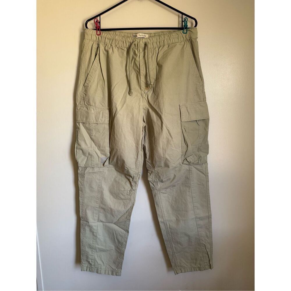 ZARA Mens Green DenimWear Copped Cargo Drawstring Trousers sz L 100% Cotton - Picture 2 of 5